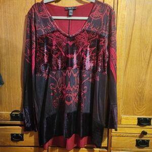 Style & Co Women's Red and Black Floral Tunic Top With Velvet Cuffs & Hem Size L